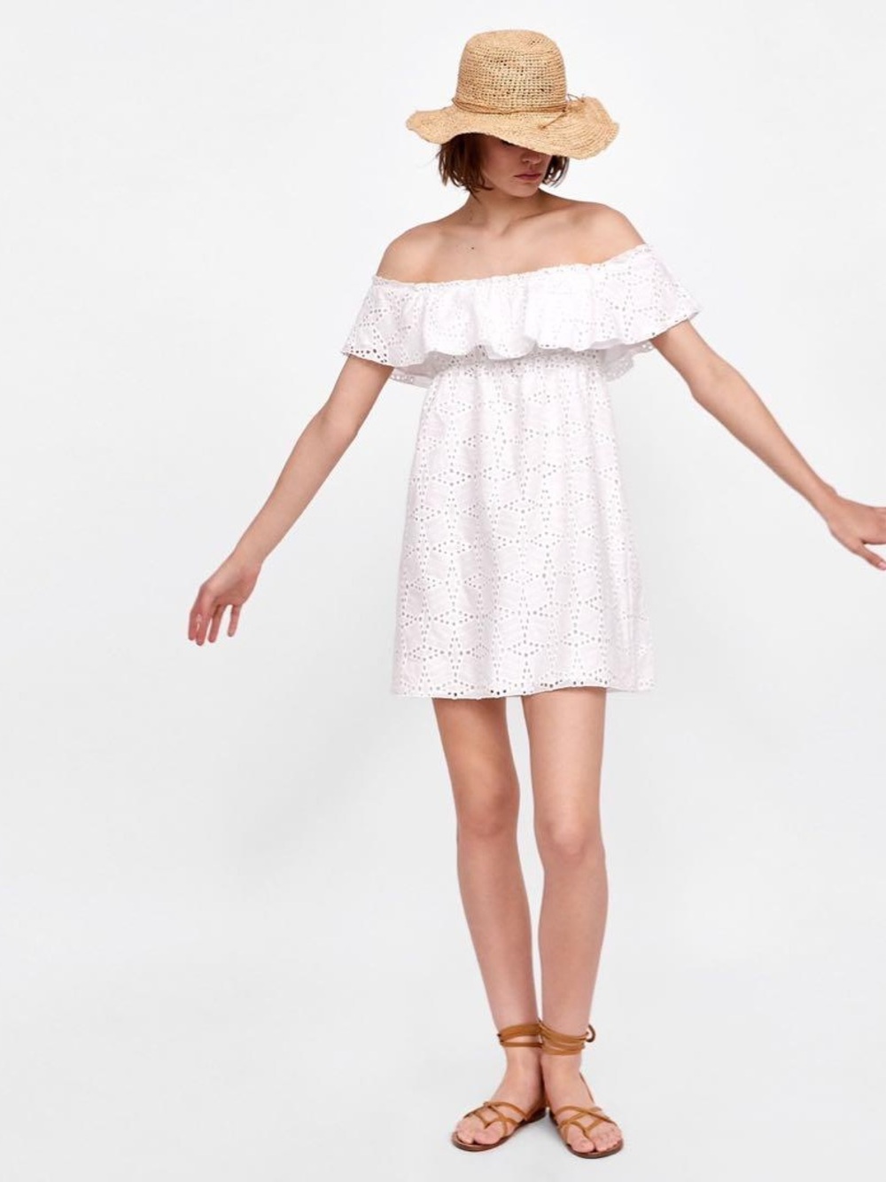 Zara Basic White Off-Shoulder Eyelet Mini Dress